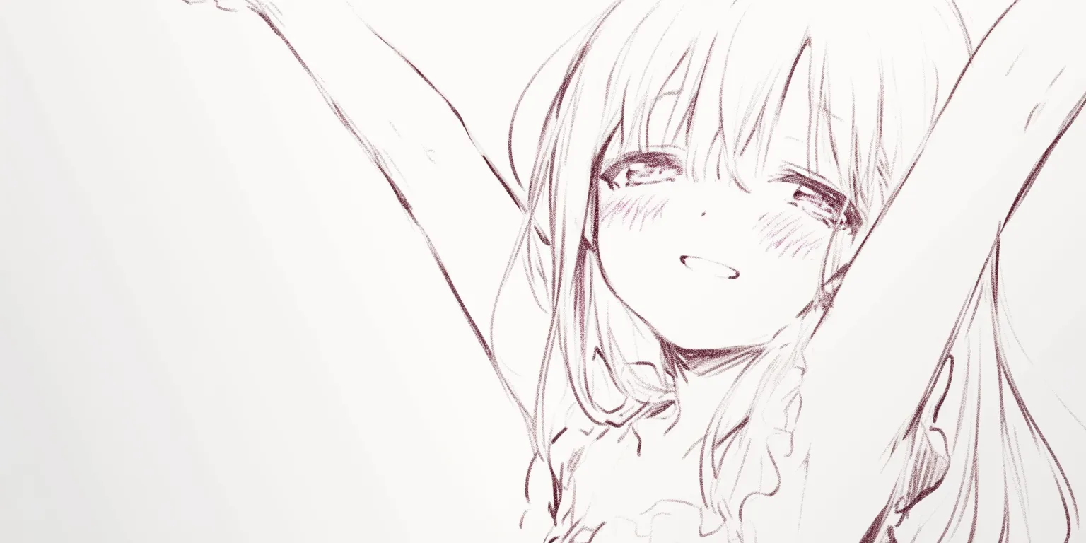 アイドルポーズの涙笑顔｜【基本構造】両腕を掲げ、顔を傾けた描き方で感情を込めています。瞳には涙を浮かべ、頬の赤みを強調しています。<br>【演出の方向性】泣き笑いの表情で努力や感動を示し、観客の共感を誘います。舞台のクライマックスに適した演出です。<br>