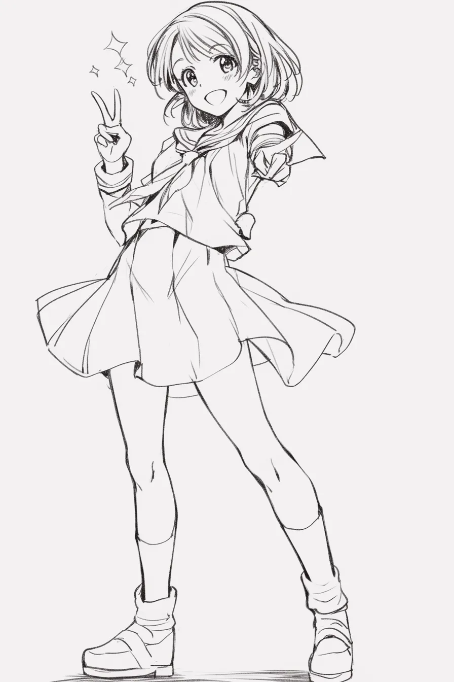 アイドルポーズの元気ジャンプ｜【基本構造】足を広げ、上体をひねってピースを強調する描き方です。スカートや髪が舞い、ダイナミックさが出ています。<br>【演出の方向性】星や光の効果を加えることで、全力で弾けるアイドルの元気を表現。ライブパフォーマンスの盛り上がりを強調しています。<br>