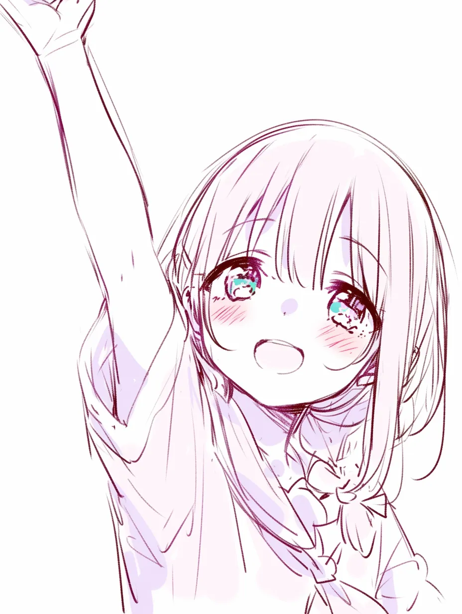 アイドルポーズの元気アピール｜【基本構造】片手を上に伸ばし、身体を少しひねる描き方です。表情は大きな瞳と口元の笑みで活発さを強調しています。<br>【演出の方向性】ピンク寄りの彩色を加えて華やかさを演出し、観客にまっすぐなエネルギーを伝えるステージらしい表現になっています。<br>