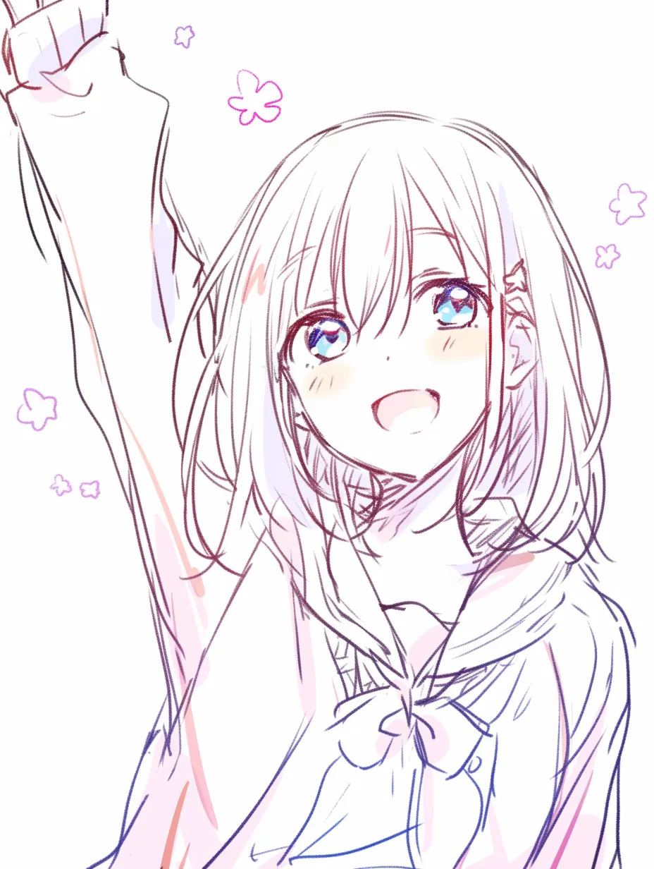 アイドルポーズの花咲く笑顔｜【基本構造】腕を高く掲げ、顔を上げた描き方です。髪飾りやリボンを添えて華やかさを強調しています。<br>【演出の方向性】背景に花のモチーフを散らすことで可愛らしさを倍増し、観客に夢を与えるようなステージ感を演出しています。<br>