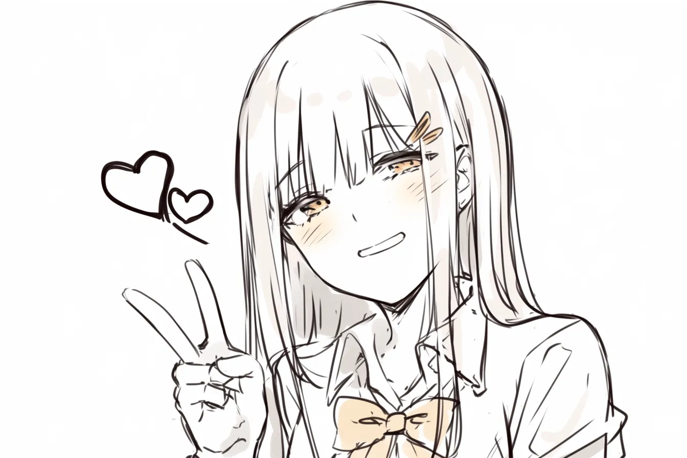 かわいいピースのハート添え｜【基本構造】真正面のバストアップで、Vサインを胸元に掲げる描き方です。背景にハートを加えています。<br>【演出の方向性】ハート記号が感情を補強し、笑顔と合わせて恋愛的な可愛さを強調。観る人に親しみやすさと甘さを届けています。<br>
