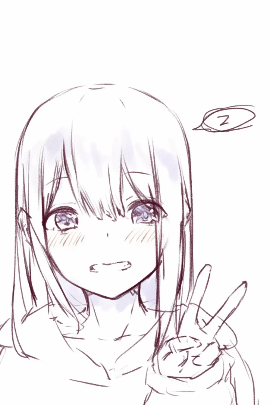 かわいいピースの眠そうな目｜【基本構造】目を細め、口を半開きにしてVサインを見せる描き方です。キャラクターの髪は肩の長さでシンプルです。<br>【演出の方向性】眠たげな表情と笑顔の組み合わせが、気の抜けた可愛さを演出。ゆるい空気感を漂わせています。<br>