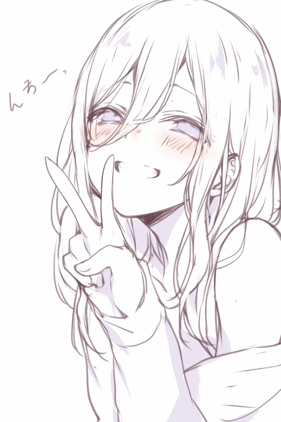 かわいいピースのとろけ笑顔｜【基本構造】体を少し傾け、Vサインを顔の近くに掲げる描き方です。髪は長く揺れ、表情はとろんとした笑顔です。<br>【演出の方向性】頬を染め、口を大きく緩ませることで幸せそうな印象を演出。親密さと安心感を伝える表現です。<br>