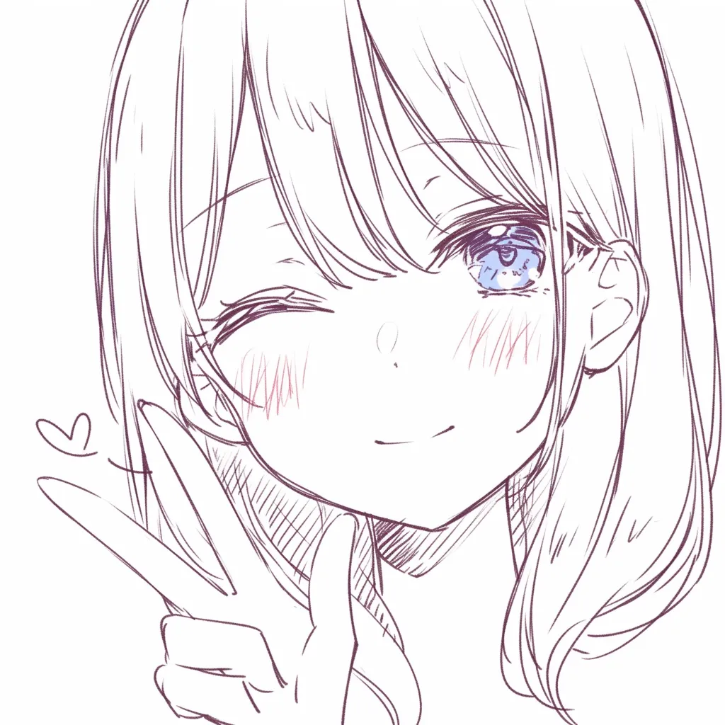 かわいいピースの上目づかい｜【基本構造】顔を少し傾けた上目づかいの描き方で、片目を閉じてもう片方を輝かせ、Vサインを軽く添えています。<br>【演出の方向性】上目づかいによって甘さを増し、まつ毛や瞳のきらめきを強調することで、可愛さを前面に押し出した仕上がりになっています。<br>