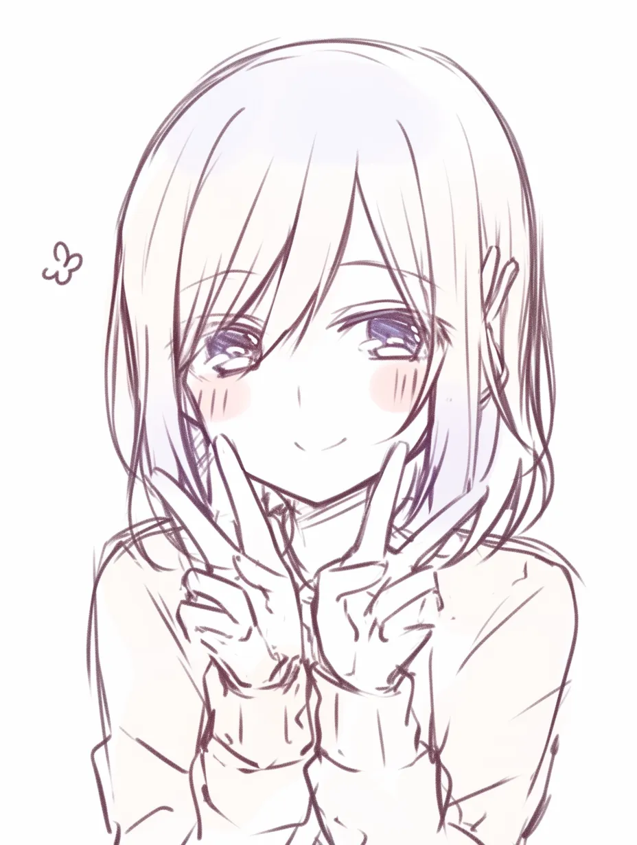 ダブルピースの小さな微笑み｜【基本構造】両手を口元に近づけてVサインを描き方として重ね、表情は控えめな微笑みを浮かべています。<br>【演出の方向性】伏し目がちな視線と柔らかな笑みが、奥ゆかしく大人しい印象を与え、優しい雰囲気を演出しています。<br>