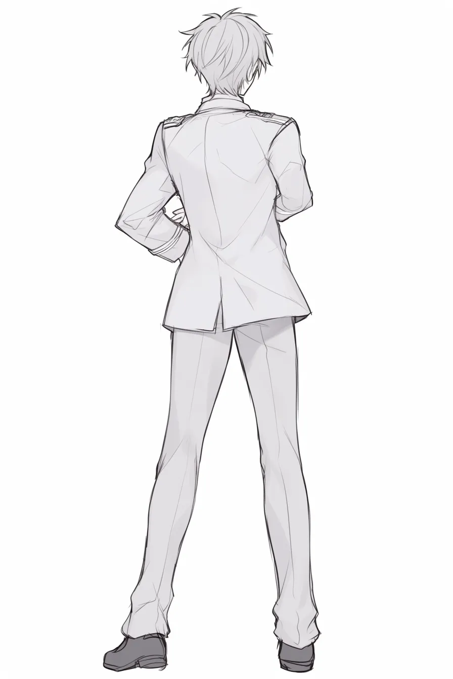 後ろ姿のかっこいい軍服姿｜【基本構造】足を肩幅に開き、腕を組んだ背中を描き出しています。肩章のついた軍服が硬派な雰囲気を強調しています。<br>【演出の方向性】シンメトリーな立ち姿と軍服の端正さが重なり、威厳あるかっこよさを際立たせています。<br>