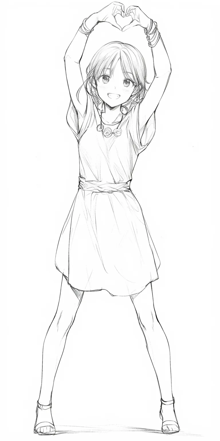 ハートポーズの全身笑顔｜【基本構造】両手を頭上に掲げてハートを形作る描き方で、足を開いて安定感を持たせています。<br>【演出の方向性】大きな動作と全身を使った笑顔が、開放的で元気な印象を与えます。<br>