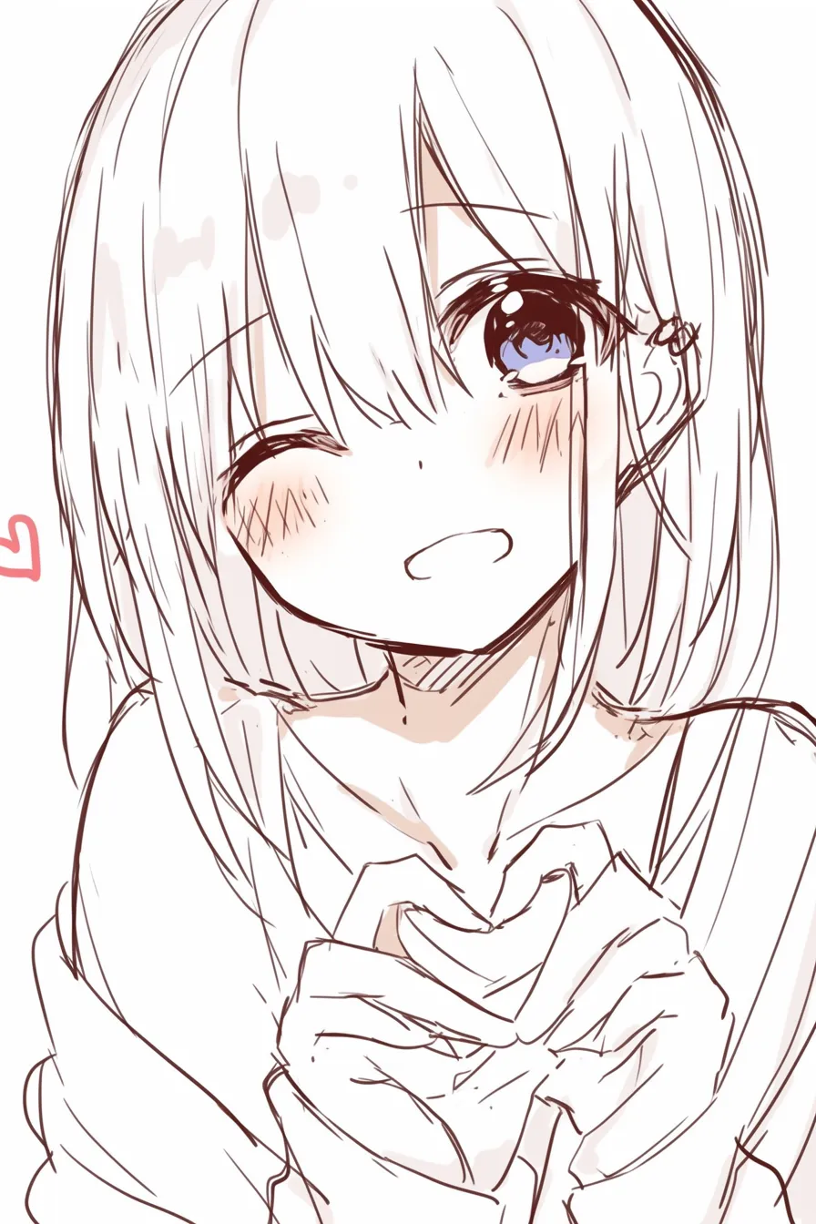 ハートポーズのウィンク｜【基本構造】胸の高さでハートを描き方に組み込み、片目を閉じたウィンクをしています。<br>【演出の方向性】赤面と口元のはにかみが、遊び心や小悪魔的な印象を強調しています。<br>