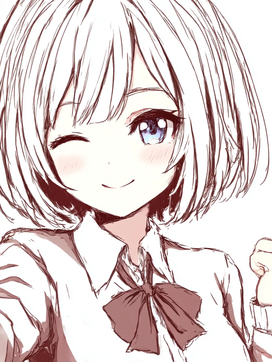 かわいいウインクの制服笑顔｜【基本構造】片目を閉じ、口元に明るい笑みを描き方として配置し、リボン付きの制服姿で構成されています。<br>【演出の方向性】拳を握る動作と合わせることで元気さや前向きな気持ちが伝わり、ポジティブな可愛らしさを演出します。<br>