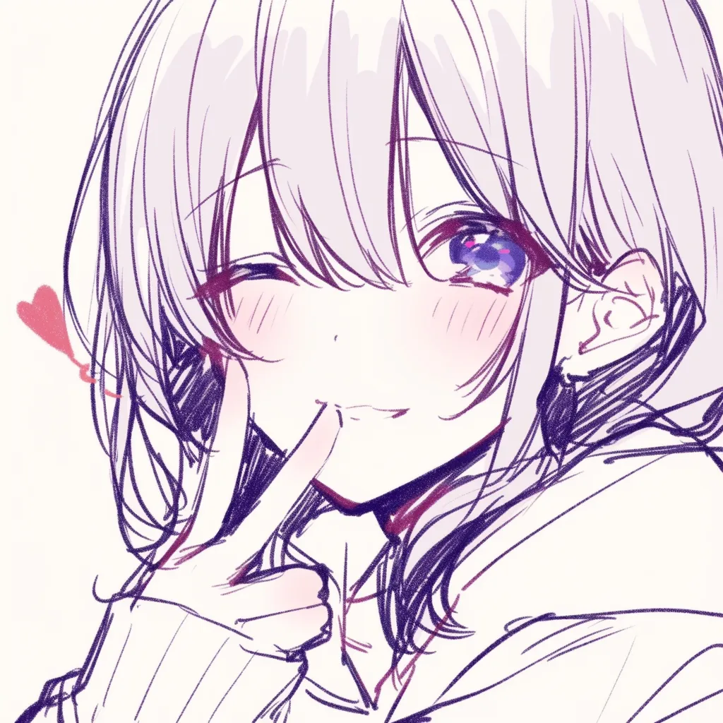 かわいいウインクのハートしぐさ｜【基本構造】片目を閉じ、口元に指を軽く添える描き方で、顔周りを柔らかくフレーミングしています。<br>【演出の方向性】赤いハートマークを浮かべることで恋愛的なニュアンスを加え、照れと甘さが同居する表現になっています。<br>