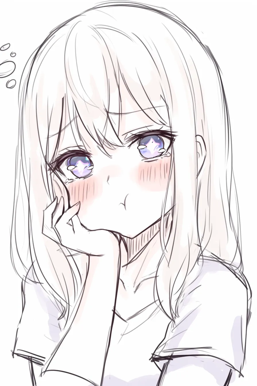 ぶりっ子のぷく顔きらめき｜【基本構造】片手で頬を支え、口をすぼめた描き方で、瞳に星形の輝きを配置しています。<br>【演出の方向性】頬を赤く染めつつ瞳を潤ませることで、拗ねと甘えが混じる表情を強調し、視線を惹きつけます。<br>