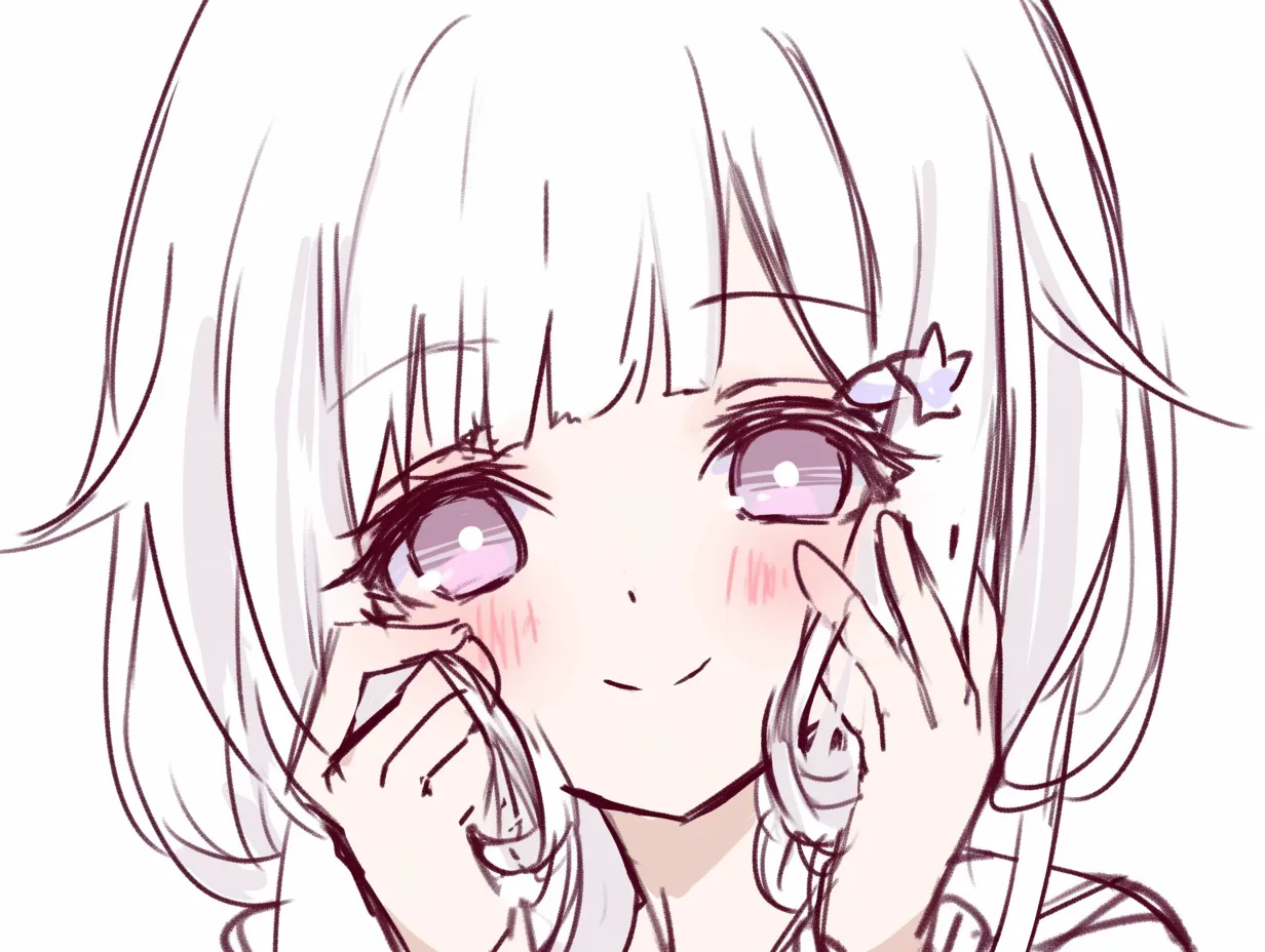 ぶりっ子の小首かしげ｜【基本構造】両手で頬を軽く押さえた描き方で、目線を上に向け小首をかしげています。<br>【演出の方向性】花型の髪飾りと淡い微笑で、控えめながらもあざとさを自然に演出しています。<br>