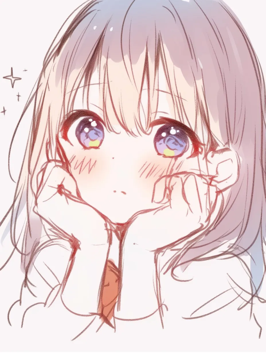 ぶりっ子のうるうる視線｜【基本構造】両手を揃えて顎を支える描き方で、正面から大きな瞳を強調しています。<br>【演出の方向性】瞳に星やきらめきを描き込み、無垢さと甘えの混じる可愛らしい仕草を強めています。<br>