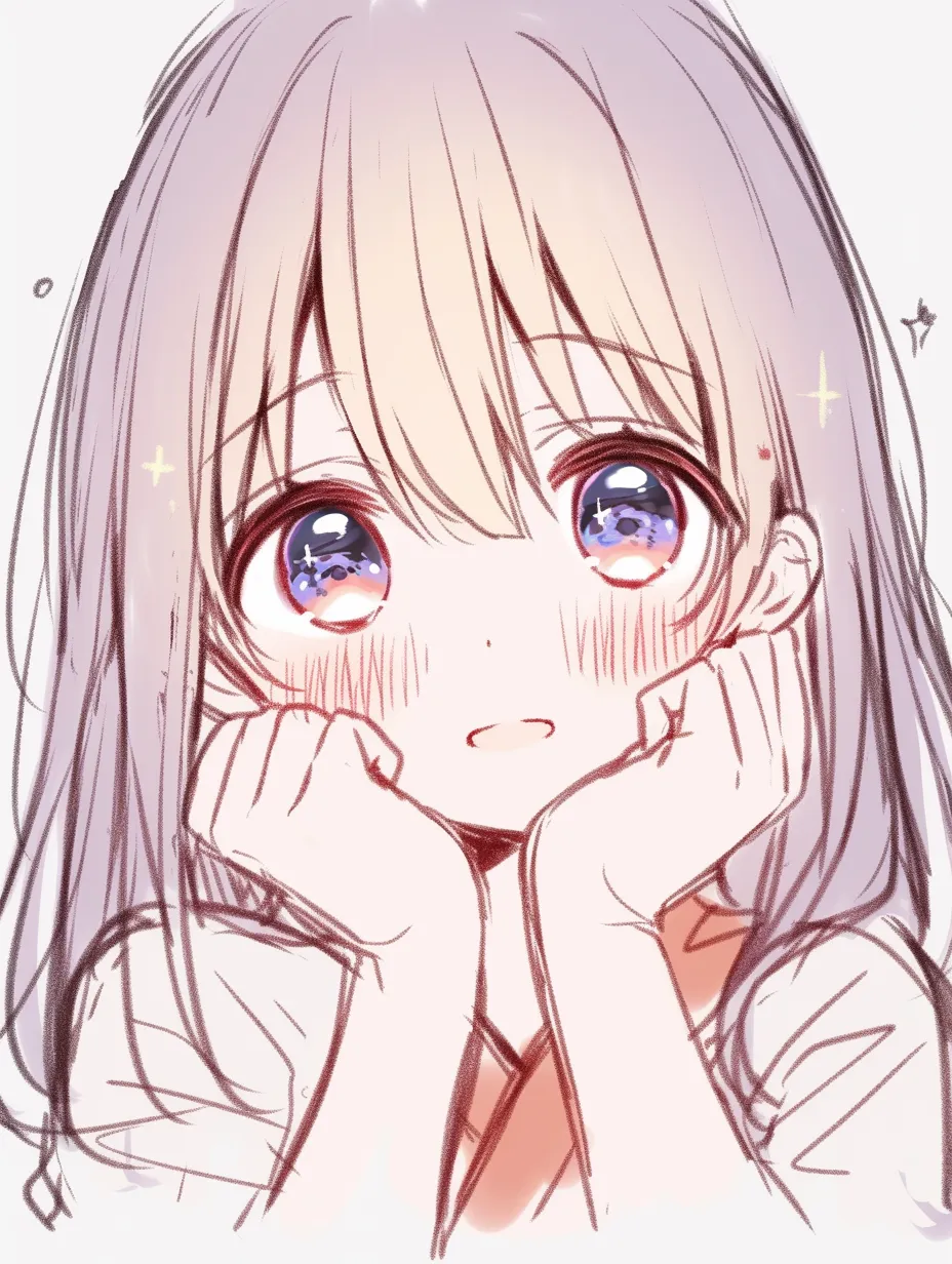 ぶりっ子の照れたお願い顔｜【基本構造】両手で頬を支え、眉をやや寄せた描き方で、視線は正面に据えています。<br>【演出の方向性】頬の赤みを強調し、瞳に輝きを重ねることで、守ってほしい印象を全面に押し出しています。<br>