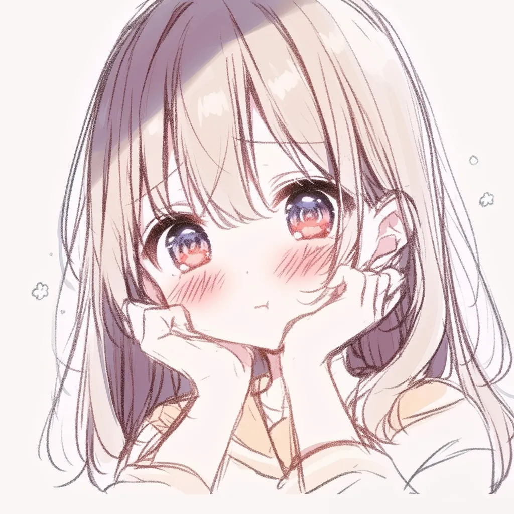 ぶりっ子の上目づかい｜【基本構造】両手で顎を支え、視線を上目遣いにした描き方で、輪郭を小さくまとめています。<br>【演出の方向性】瞳に花のような輝きを加え、あざとい可愛さと純粋さを同居させています。<br>
