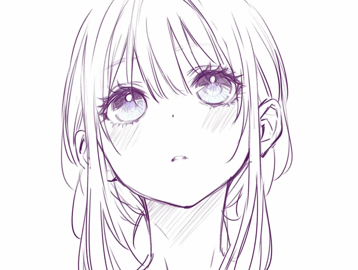 上目遣いの無言視線｜【基本構造】顔をやや下げ、正面を見上げる描き方で、口を閉じ無表情に近い構成です。<br>【演出の方向性】目の中に淡い光を反射させ、静けさの中に感情を潜ませる奥行きのある印象を作っています。<br>