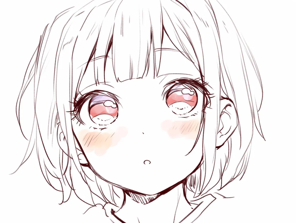 かわいい上目遣いの赤面｜【基本構造】やや下から見上げるように大きな瞳を描き方に取り入れ、頬の赤みを左右に広く強調しています。<br>【演出の方向性】涙目と赤面の組み合わせが不安と甘さを同時に表現し、守りたくなる雰囲気を生み出しています。<br>