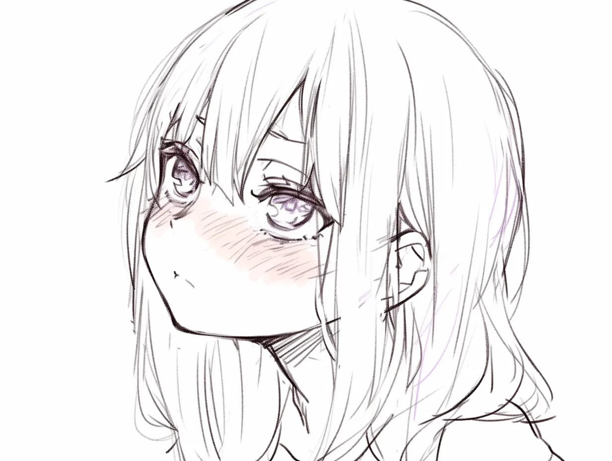 かわいい上目遣いの不安げ｜【基本構造】横顔気味に視線を上へ向ける描き方で、瞳の潤みと赤面を中心に配置しています。<br>【演出の方向性】頬の陰影と口元の結びを抑えることで、言葉にできない想いを秘めたような切なさを演出しています。<br>