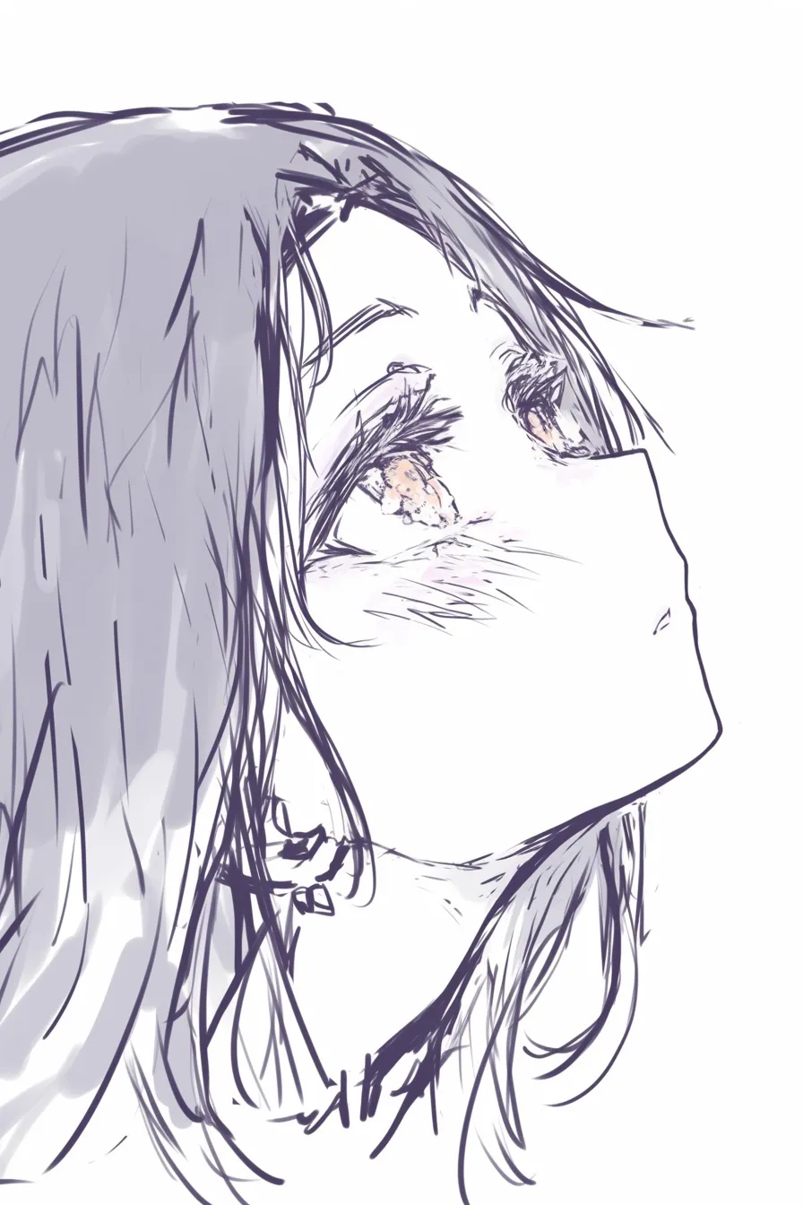 かわいい上目遣いの強調横顔｜【基本構造】顎を上げた横顔を大きく描く描き方で、首筋と目線を上に伸ばしています。<br>【演出の方向性】見上げる眼差しが意思の強さを滲ませ、内面の感情を視覚的に強くアピールしています。<br>