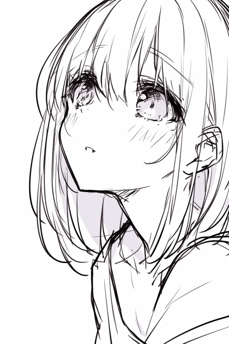 かわいい上目遣いの憂い｜【基本構造】首を少し上げ、潤んだ瞳で上を見上げる描き方で、口元を小さく開いています。<br>【演出の方向性】細い線と影を強調し、物憂げで儚い印象を強めています。<br>