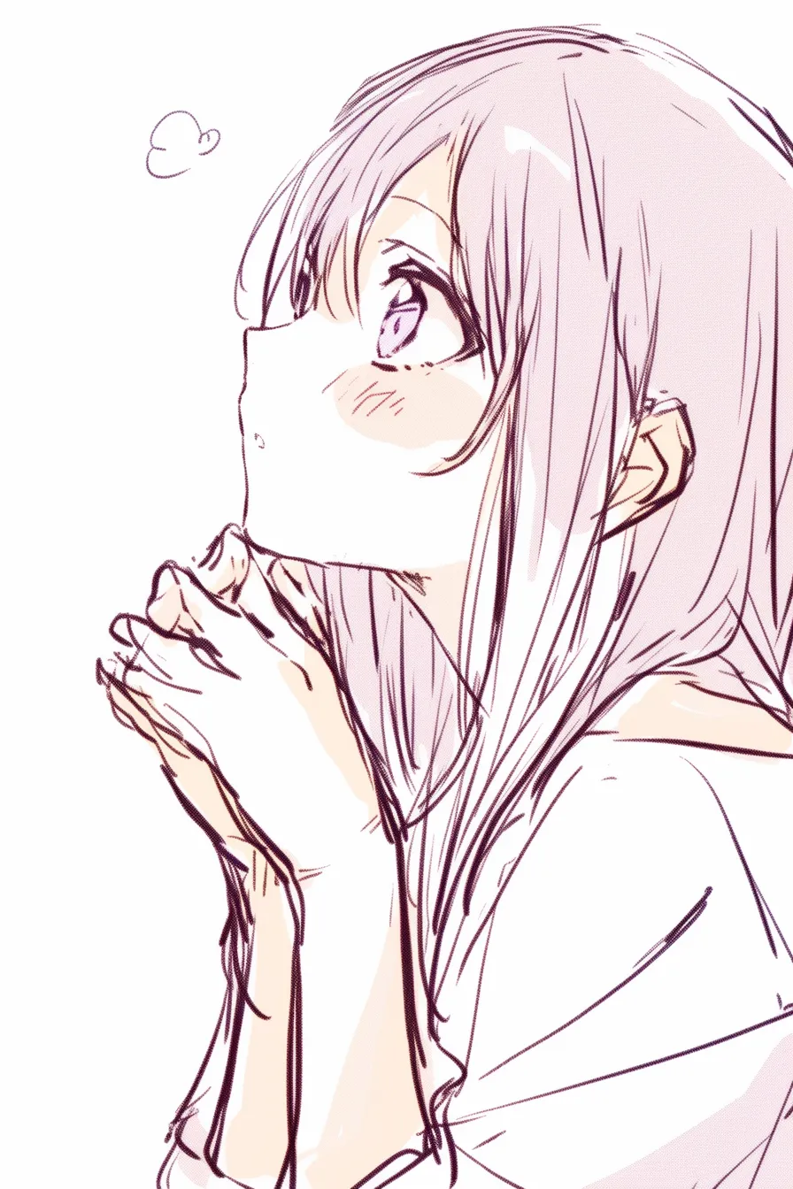 かわいい上目遣いのお願い｜【基本構造】両手を胸前で組み、首を上げて見つめる描き方で、視線を強調しています。<br>【演出の方向性】頬の赤みと輝く瞳が「お願い」の雰囲気を演出し、健気で愛らしい表情に仕上げています。<br>