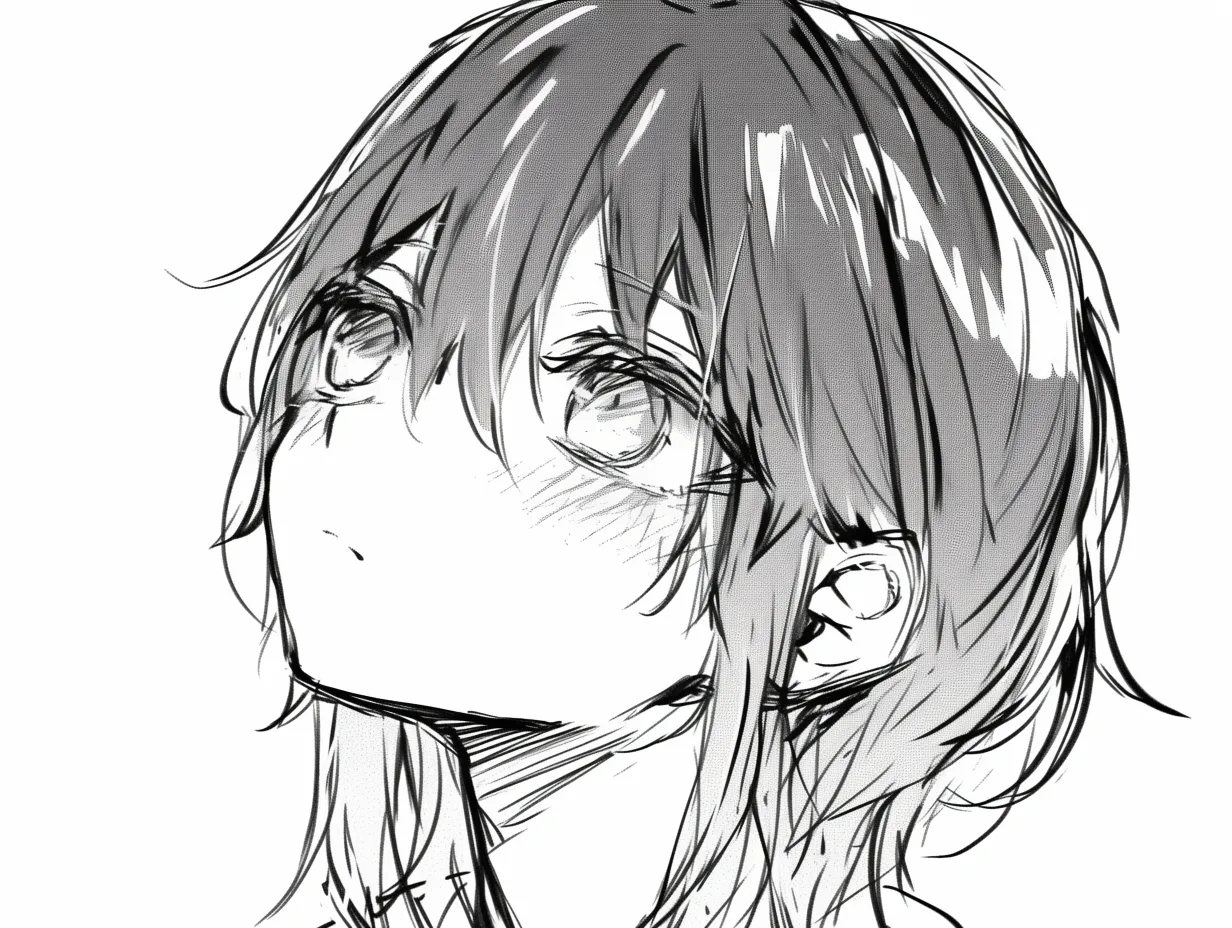 かっこいい上目遣いの横顔｜【基本構造】首をやや反らし、瞳を上方向へ寄せる描き方で骨格の直線を強調し、輪郭をすっきりと見せています。<br>【演出の方向性】頬の赤みや髪の流れを抑え、眼差しの鋭さを前面に出すことで冷静さと余裕のあるかっこよさを演出しています。<br>