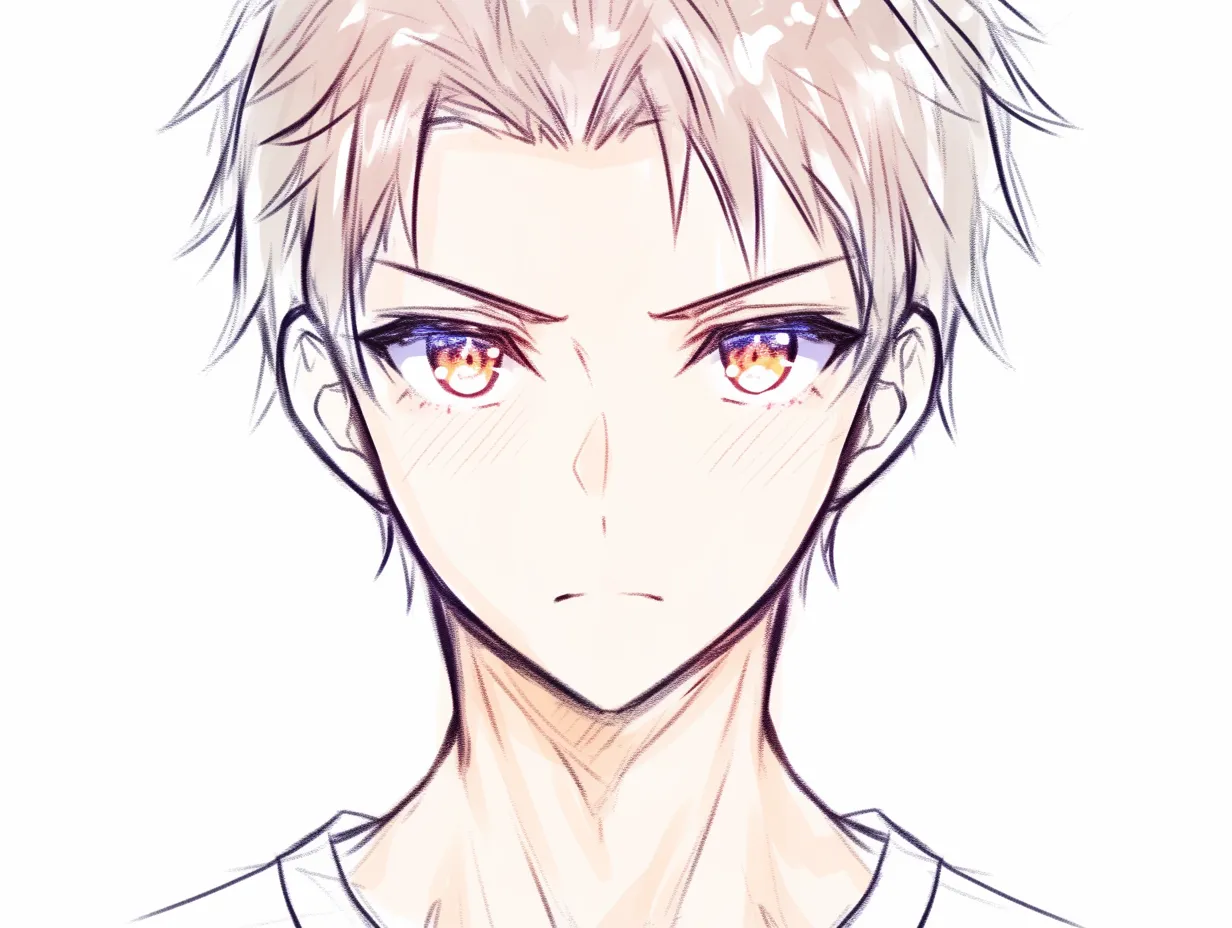 かっこいい上目遣いの静けさ｜【基本構造】正面顔を大きく描き、顎を軽く引いた描き方で、首筋と肩のバランスを整えています。瞳はやや上方向に向けられ、端正な骨格が強調されています。<br>【演出の方向性】鮮やかな瞳の色彩を活かし、表情を抑えることで静かな強さを表現し、凛とした雰囲気を際立たせています。<br>