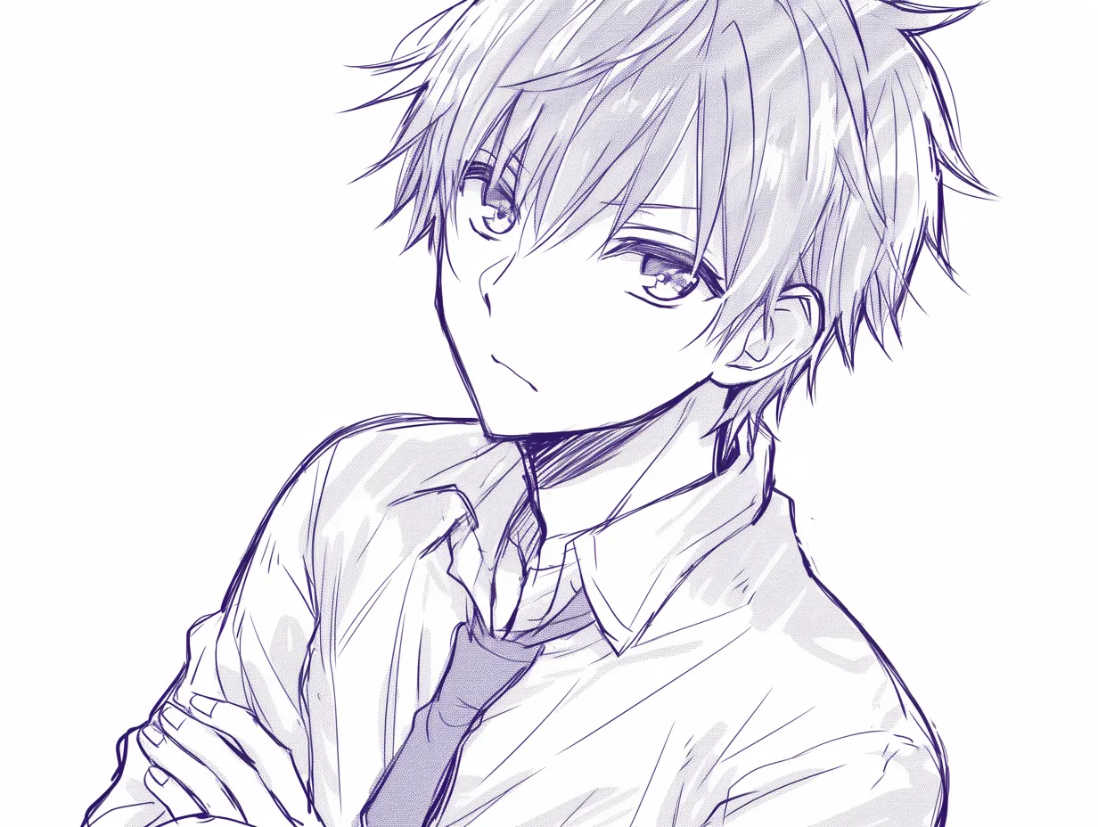 かっこいい上目遣いの余裕｜【基本構造】腕を組んだポーズと軽く傾けた首の描き方で、斜め上の視線を作り出しています。輪郭はやや鋭角に整え、肩幅の広さで安定感を与えています。<br>【演出の方向性】視線に力を込めず、唇も動かさないことで余裕と自信を演出し、飄々としたかっこよさが表現されています。<br>