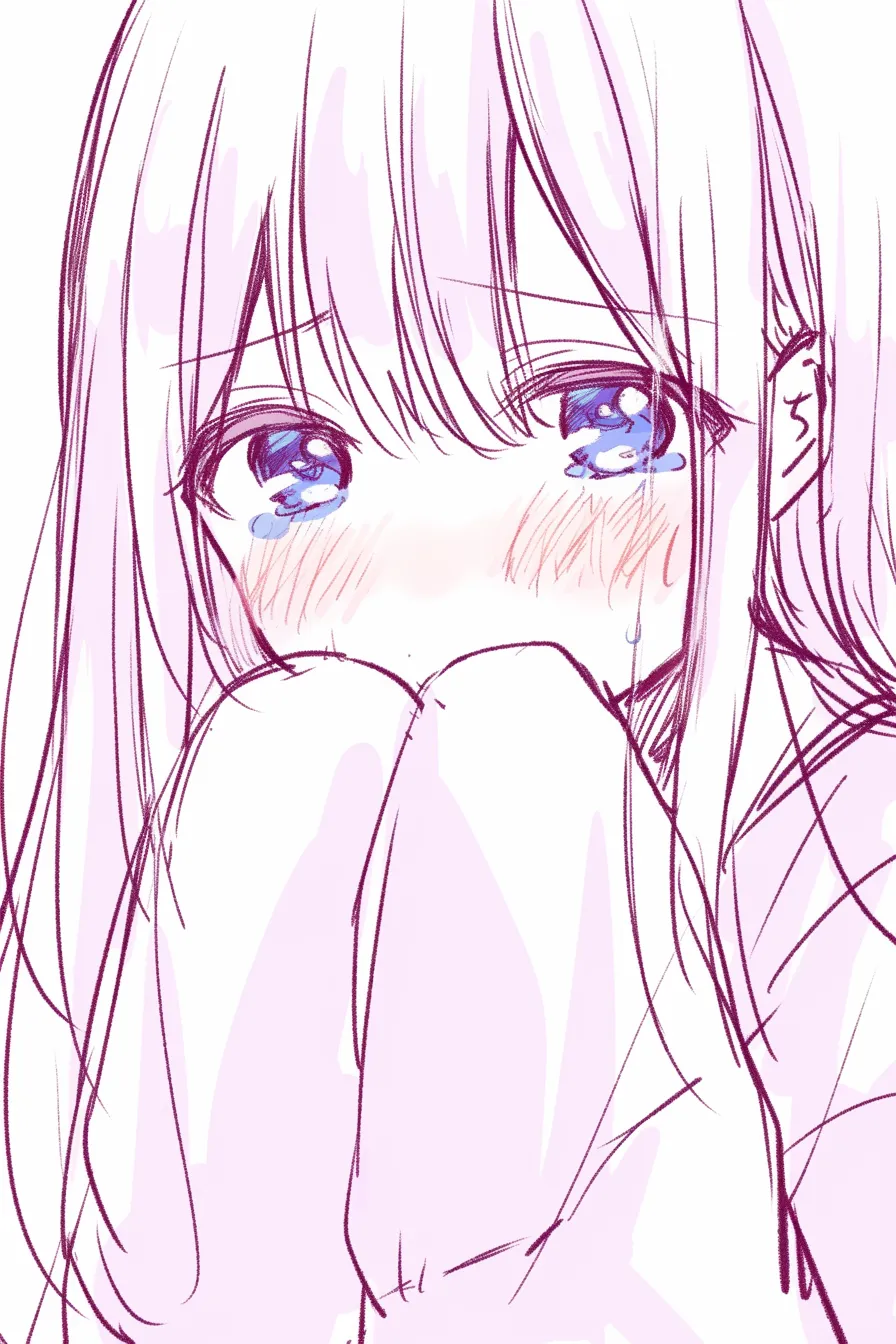 萌え袖の涙目｜【基本構造】大きく瞳を開き、袖で口元を隠す描き方により、視線を正面に集中させています。<br>【演出の方向性】涙を流す表現と頬の赤みを重ねることで、感情が溢れ出す切ない可愛らしさを表現しています。<br>