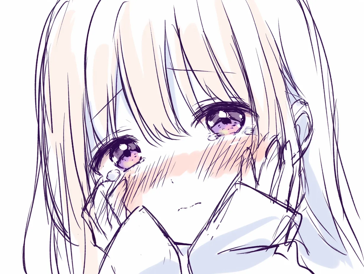 萌え袖の涙ぐむ横顔｜【基本構造】顔を大きめに描き、袖で頬を支える描き方で、視線を下げて構図を安定させています。<br>【演出の方向性】涙が伝う表現と赤面を重ねることで、感情があふれ出す切ない印象を強調しています。<br>