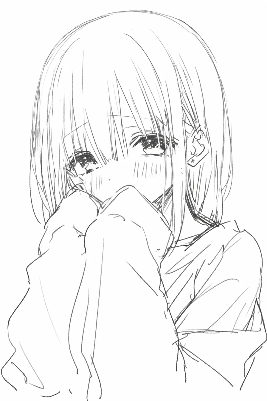 萌え袖のはにかみ｜【基本構造】袖で口元を隠し、肩をすくめる描き方で小さな動作を強調しています。髪が顔にかかり、視線がやや下を向く構図です。<br>【演出の方向性】頬の赤みと伏し目がちの瞳が組み合わさり、恥ずかしそうな愛らしさを演出しています。<br>