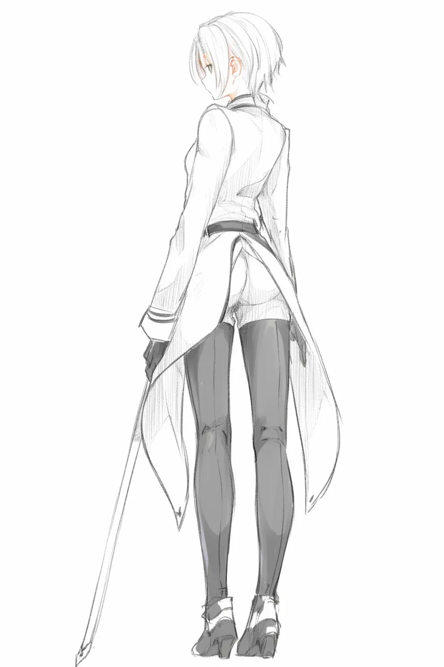 かっこいい後ろ姿の女戦士｜【基本構造】短髪の女性が剣を腰に携え、しっかりとした足取りで立つ構図。背筋がまっすぐに伸び、武人らしい安定感が強調されています。<br>【演出の方向性】白を基調とした衣装と体のラインを強調する服装により、清廉さと力強さを兼ね備えた印象を与えます。冷静で揺るぎない存在感を表現しています。<br>
