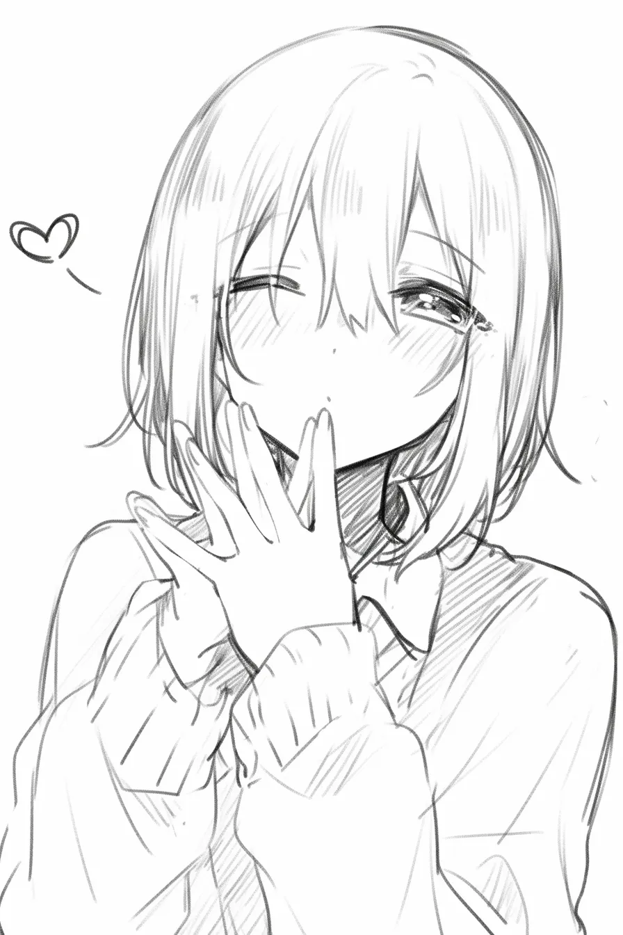 投げキッスの涙まじり｜【基本構造】涙を浮かべた描き方で、両手を顔に添えた姿勢と伏せがちな目が特徴的です。<br>【演出の方向性】感情の昂りを涙で強調し、愛情と切なさが同居する印象を与えます。<br>