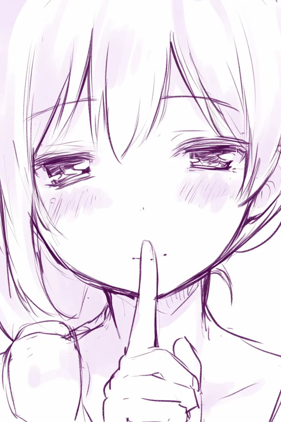 内緒の涙目｜【基本構造】正面からの描き方で、指を口元に添えつつ潤んだ瞳を強調しています。<br>【演出の方向性】涙ぐんだ表情が加わることで、秘密を守る必死さや儚げな感情が伝わる印象に仕上がっています。<br>