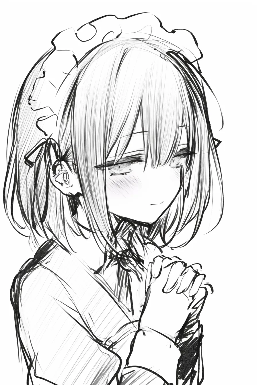 メイドポーズの祈り｜【基本構造】手を胸元で組み合わせ、やや伏し目で描き方を整えることで慎ましい佇まいを表現しています。肩の傾きと柔らかな髪の流れが落ち着きを支えます。<br>【演出の方向性】瞼を下げて口角を抑えることで内省的な雰囲気を漂わせ、控えめな感情を演出しています。祈りを捧げるような清楚さが印象に残ります。<br>