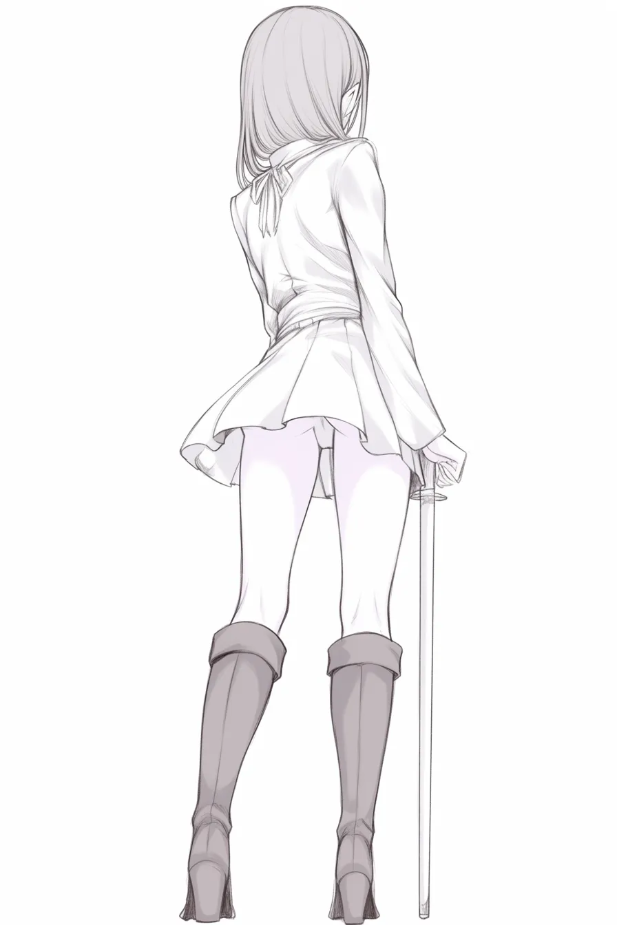 後ろ姿の女の子と剣｜【基本構造】背を向けつつもわずかに首をひねり、片手に剣を携えた少女。短いスカートと長いブーツの組み合わせで足のラインが強調されています。<br>【演出の方向性】腰から脚にかけてのシルエットを強調することで凛とした気配を漂わせ、剣を軽く持つ仕草が静かな強さを演出しています。<br>