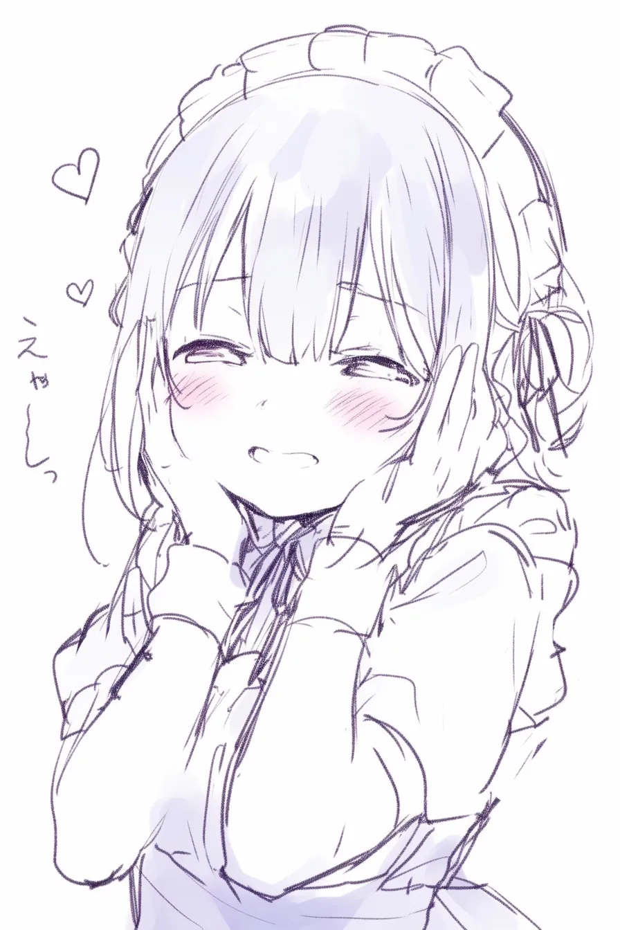 メイドポーズの照れ笑い｜【基本構造】両手で頬を押さえる描き方により、輪郭を内側から支えるような柔らかな姿勢を形成しています。体は正面、首はやや縮めてバランスを取ります。<br>【演出の方向性】頬の赤みと閉じた瞳が照れを強調し、周囲に親密さを感じさせます。口元の緩やかな笑みが愛嬌を加え、感情の素直さが前面に出ています。<br>