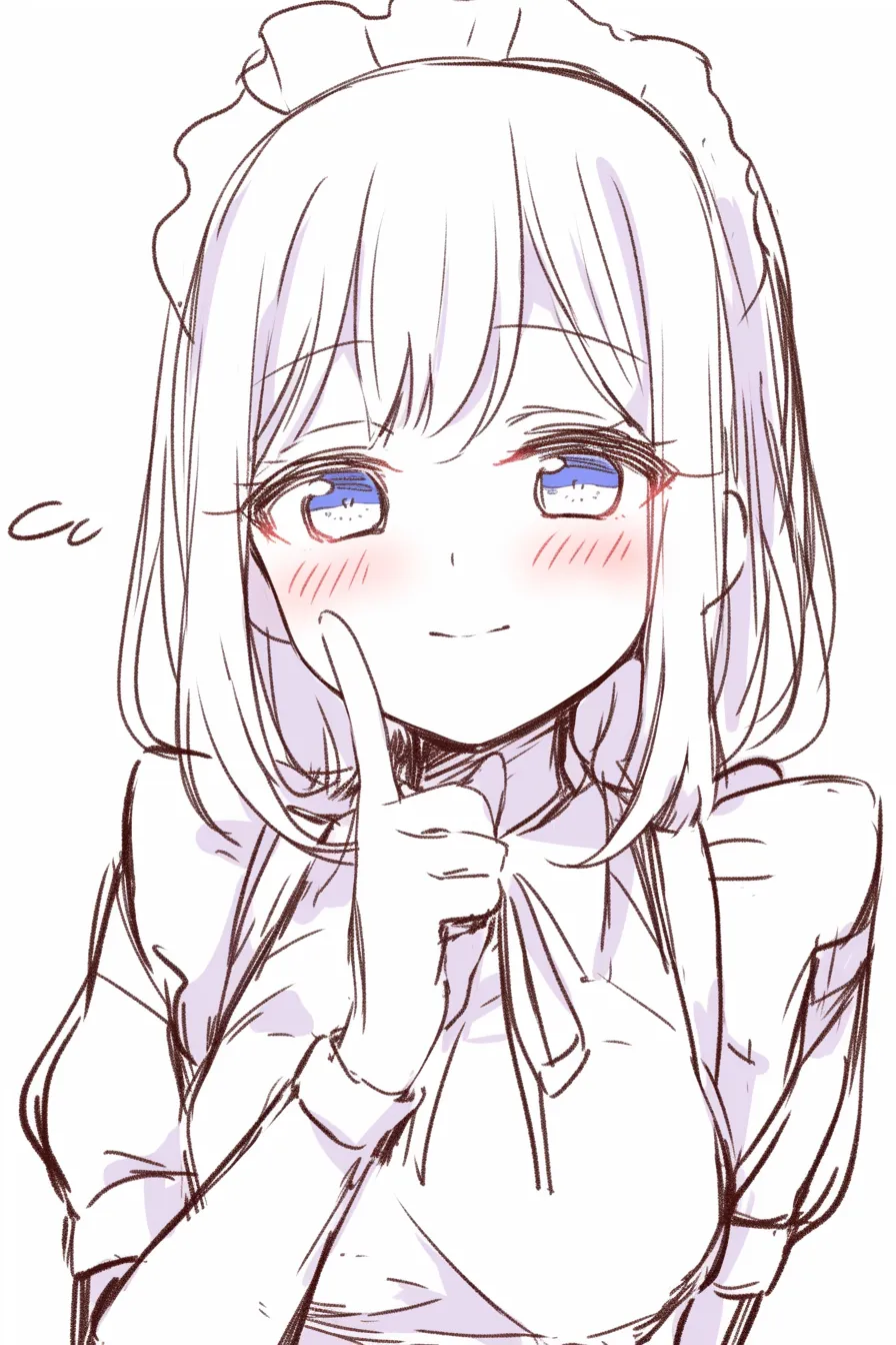 メイドポーズの内緒｜【基本構造】人差し指を口元に添える描き方で、正面からの視線を軽く受け止めています。輪郭は柔らかく、髪の流れが静かな印象を支えます。<br>【演出の方向性】瞳をやや細め、頬の赤みを強調することで秘密を共有するような親密感を演出。控えめな笑みが愛らしさを加えています。<br>