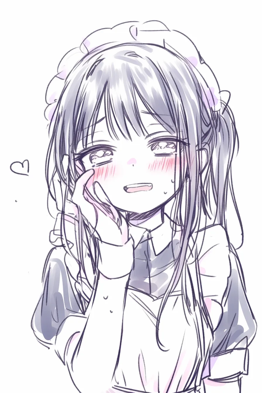 メイドポーズの涙笑顔｜【基本構造】手のひらを頬に当てる描き方で、やや前傾した上半身と濡れた瞳を合わせています。髪の揺れが動きを強めます。<br>【演出の方向性】涙と笑顔を共存させることで切なさと幸福感が同居。頬の赤みが緊張と安堵を同時に表現し、感情の奥行きを与えます。<br>