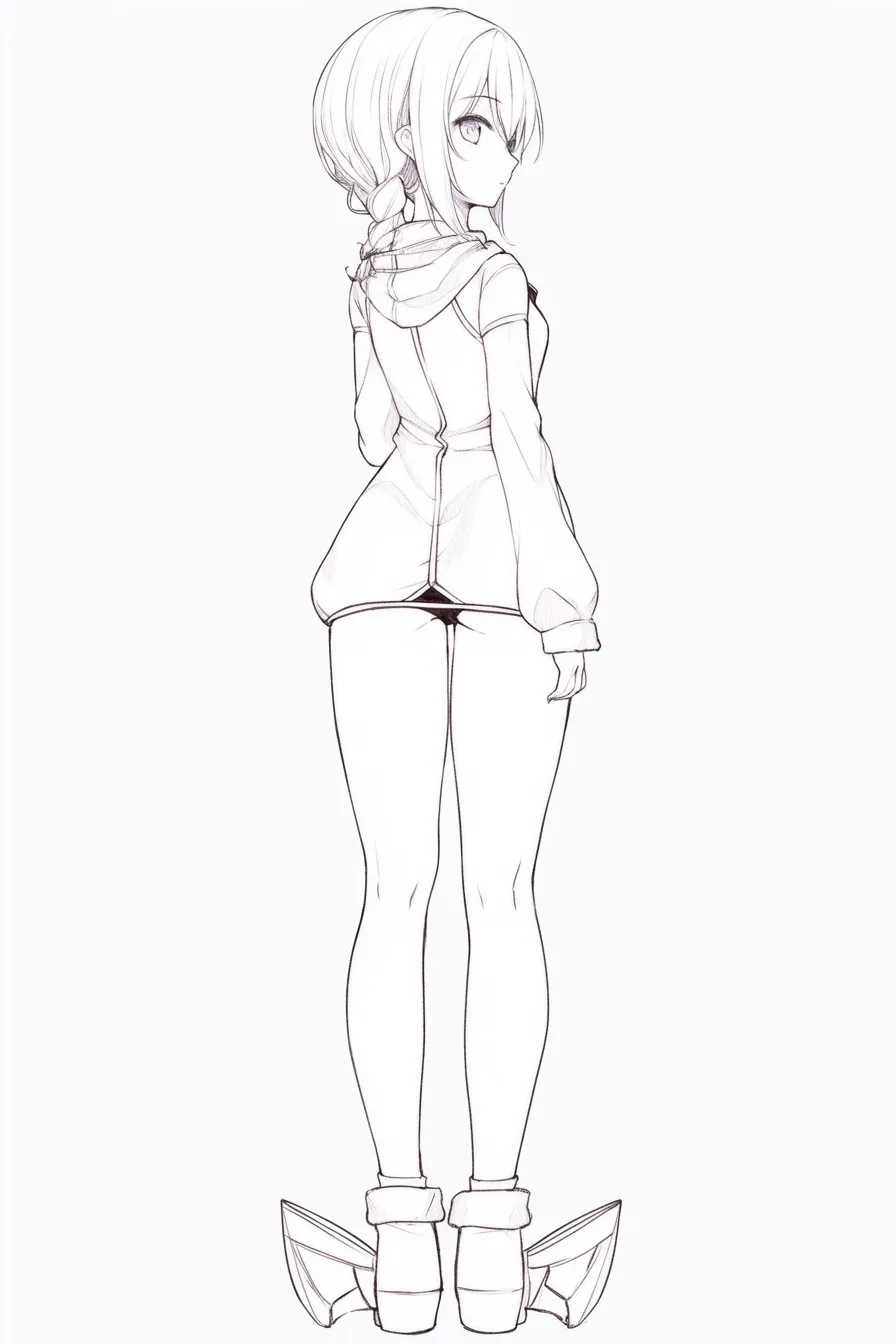 後ろ姿の女の子の振り返り｜【基本構造】三つ編みを後ろにまとめた少女が正面に近い位置で振り返る姿。タイトな衣装が全体のバランスを引き締めています。<br>【演出の方向性】視線を観る側に向けることで挑発的な印象を与えつつ、細身のラインが清潔感を強調しています。シンプルながら芯のある雰囲気です。<br>