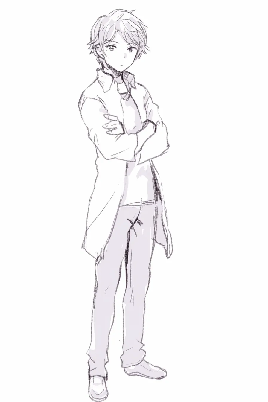 全身のシンプル白衣｜【基本構造】腕を組み、背筋をまっすぐに伸ばした直立のポーズ。服装は余計な装飾を排し、均整のとれた体型を明快に示しています。<br>【演出の方向性】線の柔らかさと軽い表情が、堅苦しさを薄めています。研究者らしさを残しつつも、日常感や親近感を感じさせる演出です。<br>