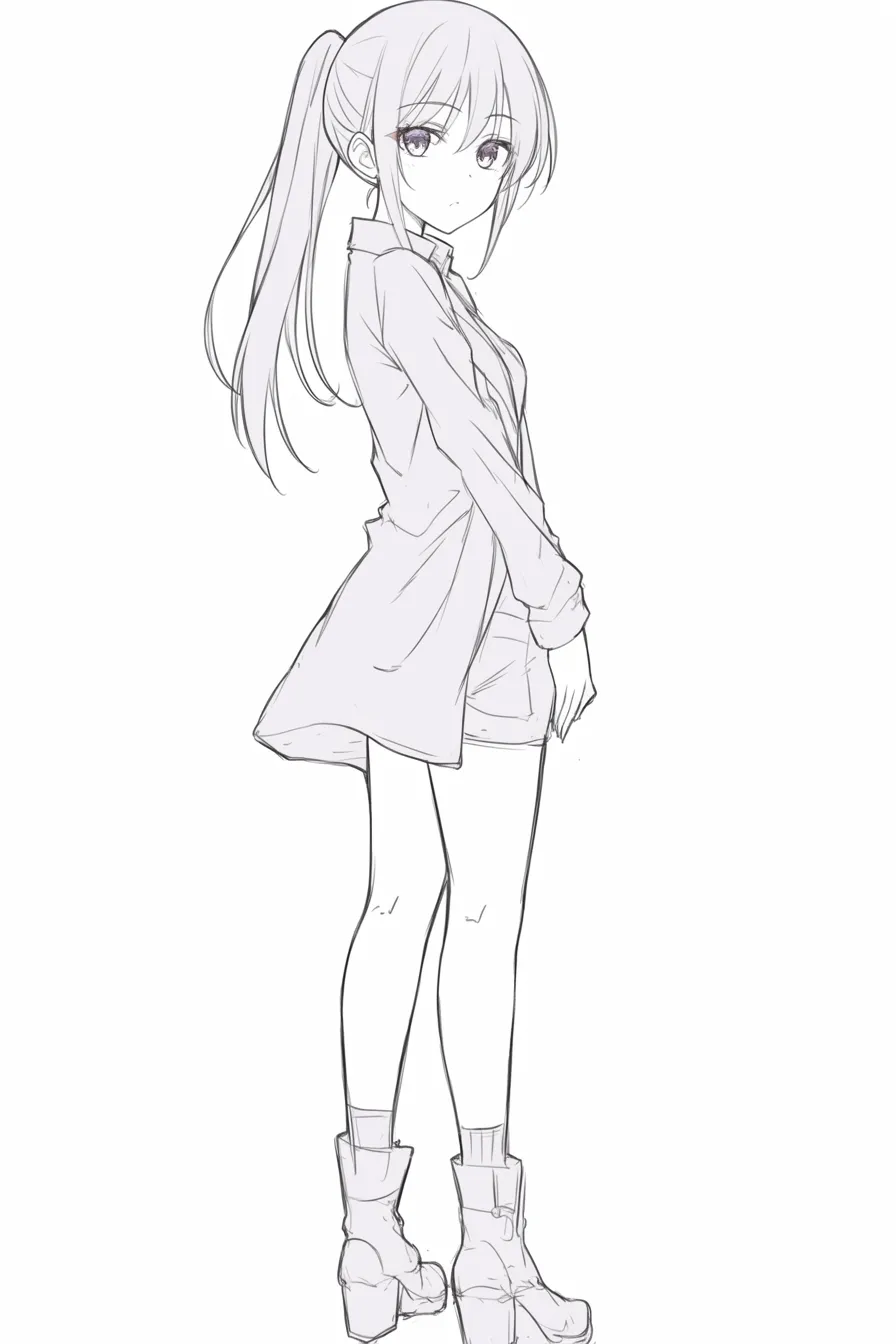 後ろ姿の女の子の横顔｜【基本構造】ポニーテールの髪型で、やや横を向きながら後ろ姿を見せる立ちポーズ。ロングコートとショートパンツの組み合わせ。<br>【演出の方向性】髪の揺れと大きな瞳が可愛らしさを添えつつ、衣装の長短差でスタイリッシュさを強調。日常感とおしゃれさのバランスが取れています。<br>