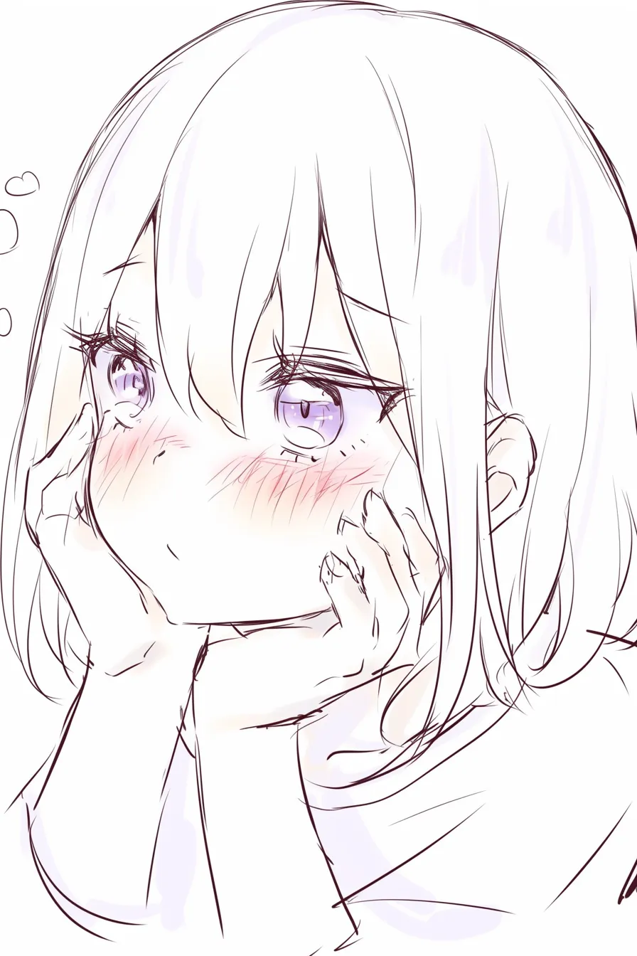 ドキドキの頬杖｜【基本構造】両手で頬を支える描き方で、瞳は潤みを帯び、頬の赤みが広がっています。口元は小さく結ばれ、全体に柔らかい曲線でまとめられています。<br>【演出の方向性】頬を押さえる仕草が心臓の高鳴りを伝え、恥じらいと期待が入り混じった印象を与えます。可憐さと恋する感情を同時に演出しています。<br>
