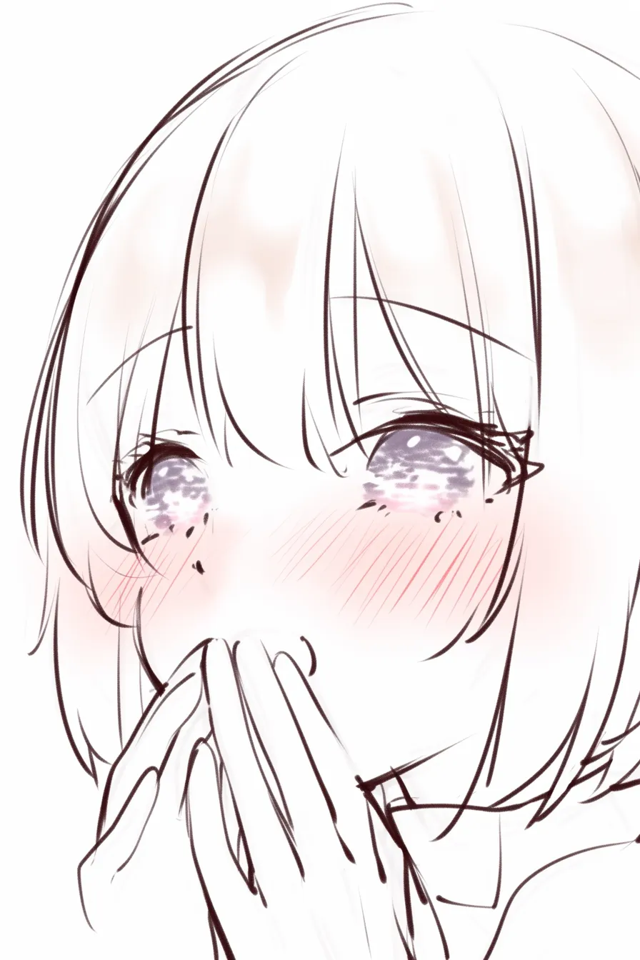 ドキドキの口元隠し｜【基本構造】両手で口元を覆う描き方で、視線はやや上向きに配置されています。頬は濃く染められ、瞳には星のような輝きが描き込まれています。<br>【演出の方向性】隠しきれない笑みと赤面を口元で覆うことで、抑えきれないときめきを表現しています。感情の爆発的な高まりを可愛らしく演出します。<br>