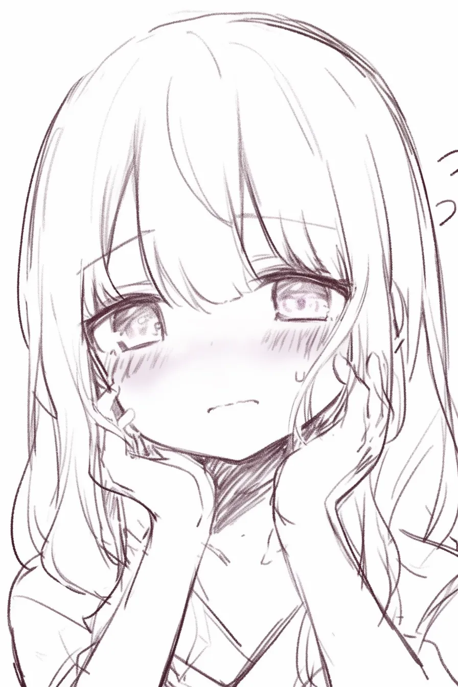 ドキドキの戸惑い｜【基本構造】両頬を手で押さえ、伏し目がちに描き方を整えています。口元は小さく結ばれ、頬の赤みが大きく広がっています。<br>【演出の方向性】嬉しさと戸惑いの両方を汗や赤面で表現し、素直になれない心情を浮かび上がらせています。胸の高鳴りと不安が交差する演出です。<br>