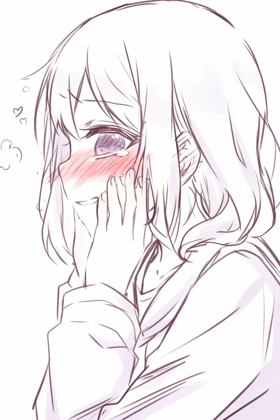 ドキドキの横顔｜【基本構造】横顔で頬を押さえる描き方で、頬は大きく赤らみ、視線は伏せ気味に配置されています。肩のラインは力を抜いたように描かれています。<br>【演出の方向性】好きな人を意識した瞬間を切り取り、視線の揺らぎと頬の赤みで心拍の高まりを表現します。純粋で初々しいときめきを強調しています。<br>