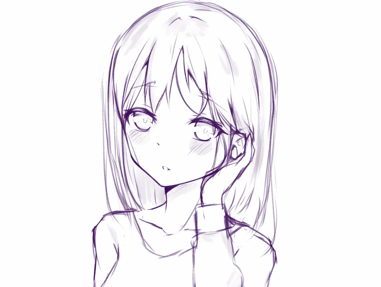 ドキドキの頬支え｜【基本構造】片手で頬を軽く支え、斜め横を向く描き方です。シンプルな線で構成され、頬は赤らんでいます。<br>【演出の方向性】視線の外しと赤面が相まって、内に秘めたときめきや恥じらいを強調しています。控えめながらも心が揺れる瞬間を表現します。<br>