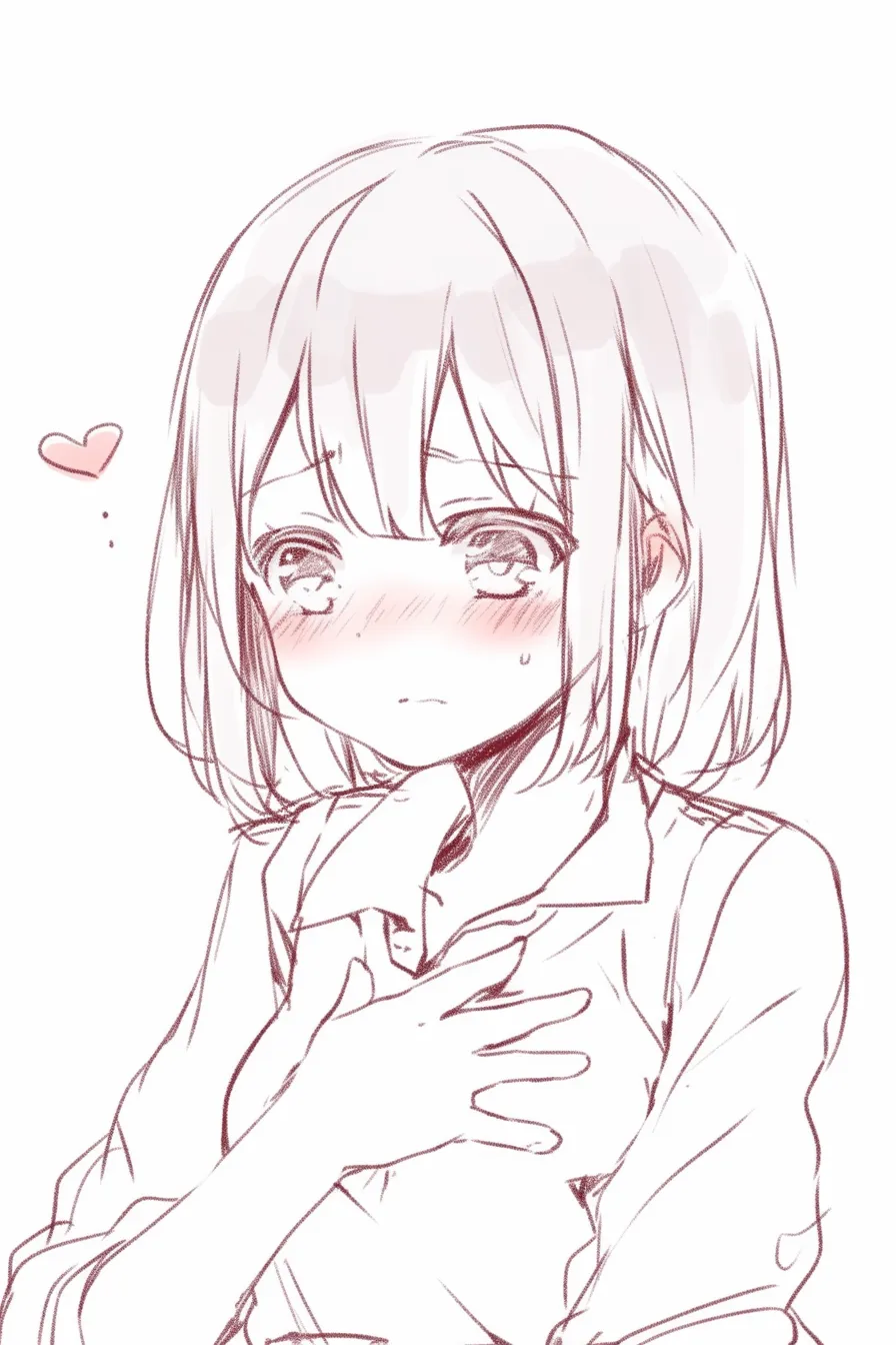 胸キュンの涙｜【基本構造】やや伏し目がちな視線に胸へ添えた手を重ねた描き方をしています。<br>【演出の方向性】涙と赤面を同時に描き込むことで、胸キュンによる切ないほどの愛おしさを強調しています。<br>