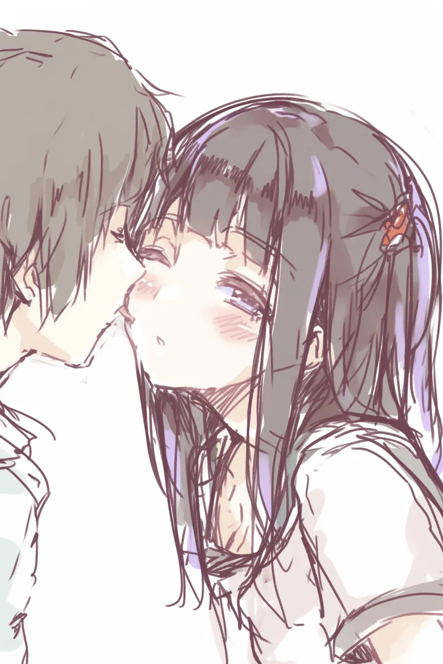 キスの初々しさ｜【基本構造】横顔同士を寄せ合い、唇を重ねる描き方で、少女の首筋や髪の揺れを丁寧に捉えています。<br>【演出の方向性】瞼を閉じて頬を赤らめ、ぎこちない距離感を残すことで、初めてのキスに宿る緊張と胸キュンを表現しています。<br>