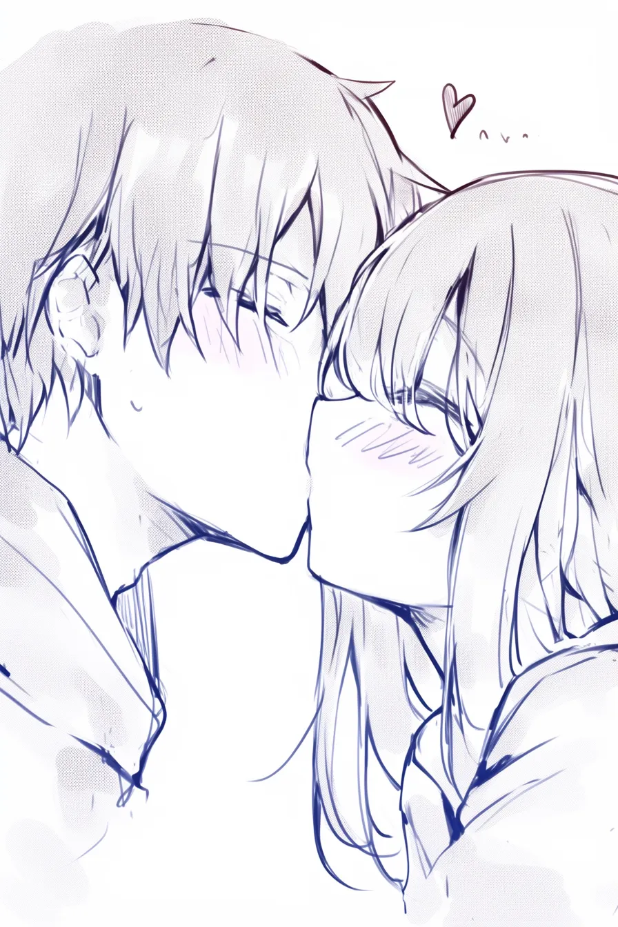 キスの戸惑い｜【基本構造】正面寄りで顔を近づけ、互いの瞼を閉じた描き方により、唇の重なりを中心に据えています。<br>【演出の方向性】頬の赤みや額の汗を加え、心の準備が追いつかないままのドキドキを強調し、拙さが愛おしい雰囲気を演出しています。<br>